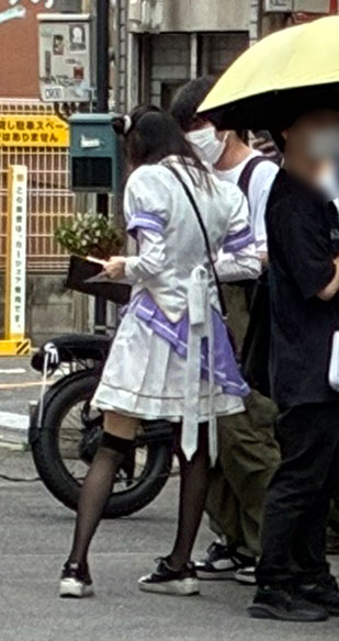 Rainy street scene in Osaka Nipponbashi near maid cafe and otaku culture signs