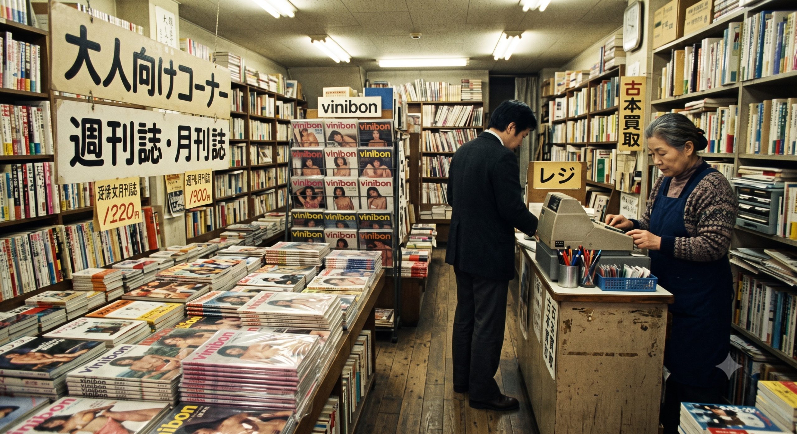 A recreation-style image of a Showa era bookstore magazine rack